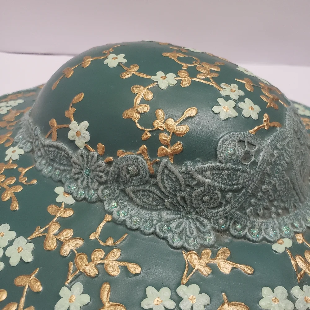 Ceramic Hand Painted Green & Gold Floral Ladies Hat Wall Hanging Artist Signed
